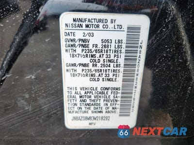 Zdjęcie 13 z 13 samochodu: 2003 NISSAN MURANO SL VIN:JN8AZ08W83W218292 - miniatura