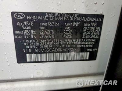 Zdjęcie 12 z 12 samochodu: 2019 HYUNDAI SANTA FE SEL PLUS 2.4L VIN:5NMS3CAD0KH022277 - miniatura