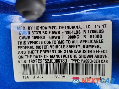 Zdjęcie 13 z 13 samochodu: 2018 HONDA CIVIC LX VIN:19XFC2F52JE006780 - miniatura