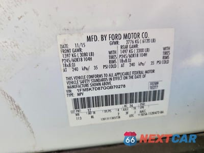Zdjęcie 13 z 13 samochodu: 2016 FORD EXPLORER XLT VIN:1FM5K7D87GGB70278 - miniatura