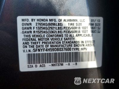 Zdjęcie 13 z 13 samochodu: 2013 HONDA PILOT EXL VIN:5FNYF4H59DB037600 - miniatura