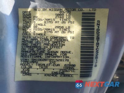 Zdjęcie 12 z 12 samochodu: 2000 NISSAN XTERRA XE VIN:5N1DD28T8YC528178 - miniatura