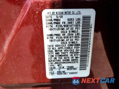 Zdjęcie 13 z 13 samochodu: 2005 NISSAN MURANO S VIN:JN8AZ08W35W432870 - miniatura