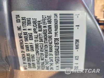 Zdjęcie 12 z 12 samochodu: 2004 HONDA CIVIC LX VIN:1HGES16504L018738 - miniatura