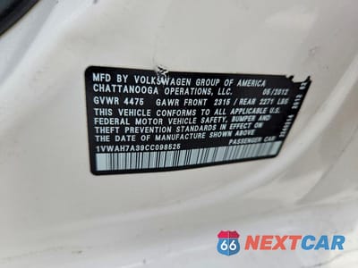 Zdjęcie 12 z 12 samochodu: 2012 VOLKSWAGEN PASSAT S VIN:1VWAH7A39CC098525 - miniatura