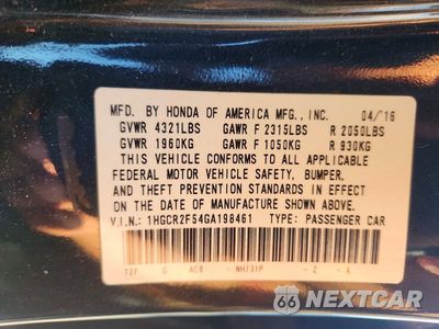 Zdjęcie 13 z 13 samochodu: 2016 HONDA ACCORD SPORT VIN:1HGCR2F54GA198461 - miniatura