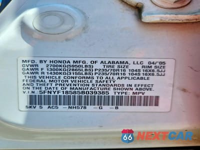 Zdjęcie 13 z 13 samochodu: 2005 HONDA PILOT EXL VIN:5FNYF18585B039385 - miniatura