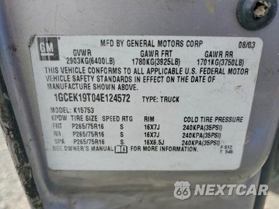 Zdjęcie 12 z 12 samochodu: 2004 CHEVROLET SILVERADO K1500 VIN:1GCEK19T04E124572 - miniatura