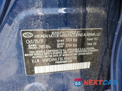 Zdjęcie 12 z 12 samochodu: 2020 HYUNDAI ELANTRA SEL VIN:5NPD84LF8LH560700 - miniatura