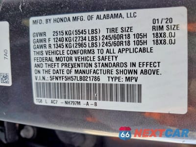Zdjęcie 12 z 12 samochodu: 2020 HONDA PILOT EXL VIN:5FNYF5H57LB021786 - miniatura