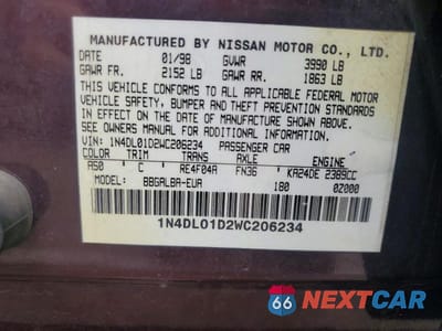 Zdjęcie 12 z 12 samochodu: 1998 NISSAN ALTIMA XE VIN:1N4DL01D2WC206234 - miniatura