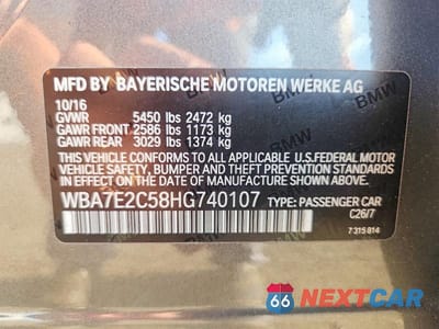 Zdjęcie 12 z 12 samochodu: 2017 BMW 740 I VIN:WBA7E2C58HG740107 - miniatura