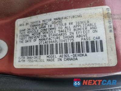 Zdjęcie 12 z 12 samochodu: 1990 TOYOTA COROLLA DLX VIN:2T1AE94A8LC045775 - miniatura