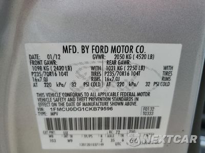 Zdjęcie 13 z 13 samochodu: 2012 FORD ESCAPE XLT VIN:1FMCU0DG1CKB79596 - miniatura