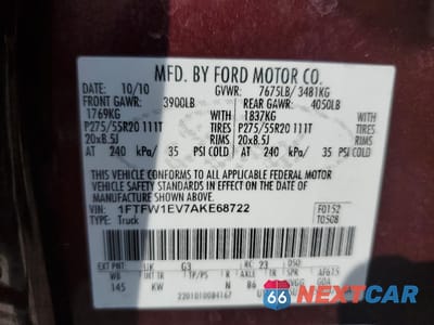 Zdjęcie 12 z 12 samochodu: 2010 FORD F150 SUPERCREW VIN:1FTFW1EV7AKE68722 - miniatura