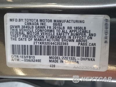 Zdjęcie 14 z 16 samochodu: 2004 TOYOTA COROLLA MATRIX XR VIN:2T1KR32E64C202393 - miniatura