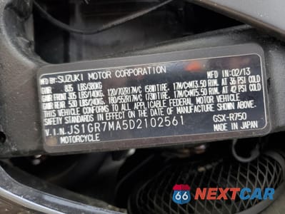 Zdjęcie 10 z 10 samochodu: 2013 SUZUKI GSX-R750 VIN:JS1GR7MA5D2102561 - miniatura