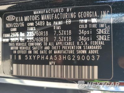 Zdjęcie 14 z 14 samochodu: 2017 KIA SORENTO EX VIN:5XYPH4A53HG290037 - miniatura