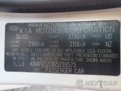 Zdjęcie 12 z 12 samochodu: 2006 KIA SPECTRA LX VIN:KNAFE121165239573 - miniatura