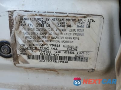 Zdjęcie 13 z 15 samochodu: 2003 NISSAN SENTRA XE VIN:3N1CB51D73L794818 - miniatura