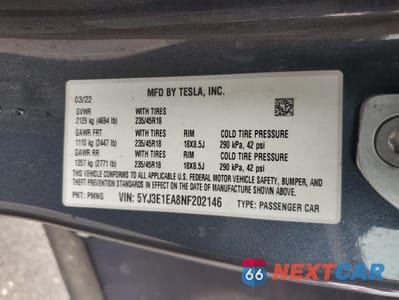 Zdjęcie 12 z 12 samochodu: 2022 TESLA MODEL 3 VIN:5YJ3E1EA8NF202146 - miniatura
