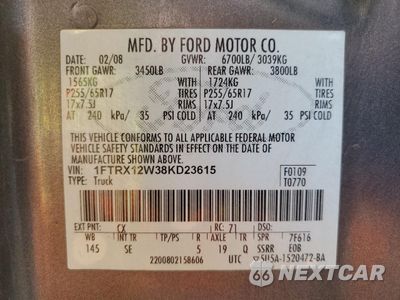 Zdjęcie 12 z 14 samochodu: 2008 FORD F150 VIN:1FTRX12W38KD23615 - miniatura