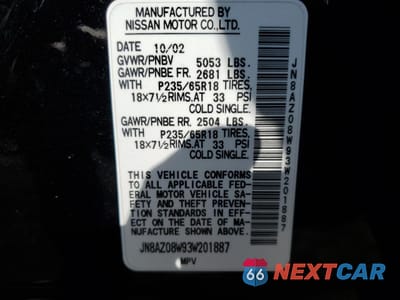 Zdjęcie 13 z 13 samochodu: 2003 NISSAN MURANO SL VIN:JN8AZ08W93W201887 - miniatura
