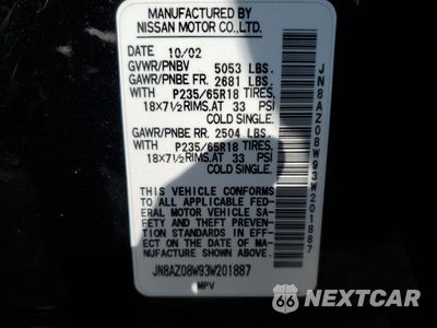 Zdjęcie 13 z 13 samochodu: 2003 NISSAN MURANO SL VIN:JN8AZ08W93W201887 - miniatura