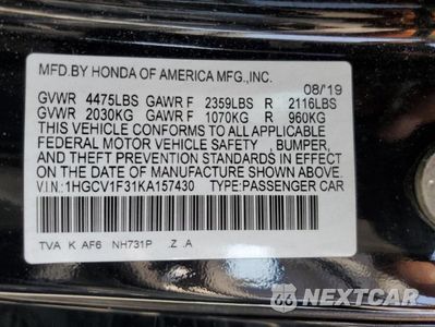 Zdjęcie 12 z 12 samochodu: 2019 HONDA ACCORD SPORT VIN:1HGCV1F31KA157430 - miniatura