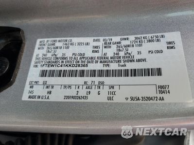 Zdjęcie 12 z 13 samochodu: 2019 FORD F150 SUPERCREW VIN:1FTEW1C41KKD28365 - miniatura