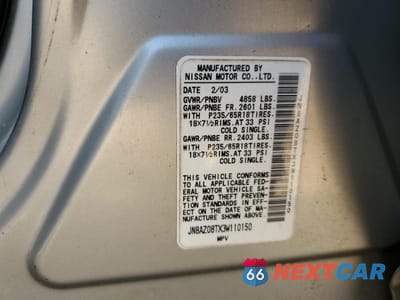 Zdjęcie 13 z 15 samochodu: 2003 NISSAN MURANO SL VIN:JN8AZ08TX3W110150 - miniatura