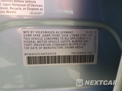 Zdjęcie 12 z 14 samochodu: 2006 VOLKSWAGEN PASSAT 2.0T VIN:WVWAK93C46P090634 - miniatura