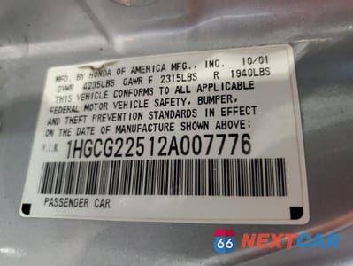 Zdjęcie 12 z 14 samochodu: 2002 HONDA ACCORD EX VIN:1HGCG22512A007776 - miniatura