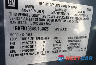 Zdjęcie 10 z 10 samochodu: 2008 GMC YUKON XL K1500 VIN:1GKFK16348J194523 - miniatura