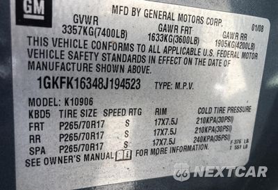 Zdjęcie 10 z 10 samochodu: 2008 GMC YUKON XL K1500 VIN:1GKFK16348J194523 - miniatura