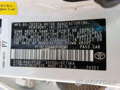 Zdjęcie 12 z 12 samochodu: 2016 TOYOTA CAMRY LE VIN:4T1BF1FK6GU516447 - miniatura