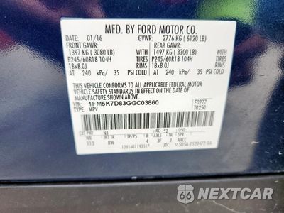 Zdjęcie 12 z 12 samochodu: 2016 FORD EXPLORER XLT VIN:1FM5K7D83GGC03860 - miniatura