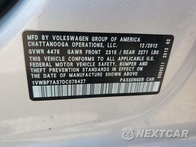 Zdjęcie 12 z 12 samochodu: 2013 VOLKSWAGEN PASSAT SE VIN:1VWBP7A37DC078427 - miniatura