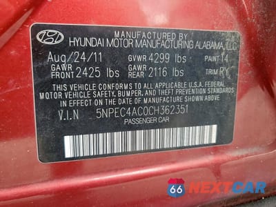 Zdjęcie 13 z 13 samochodu: 2012 HYUNDAI SONATA VIN:5NPEC4AC0CH362351 - miniatura
