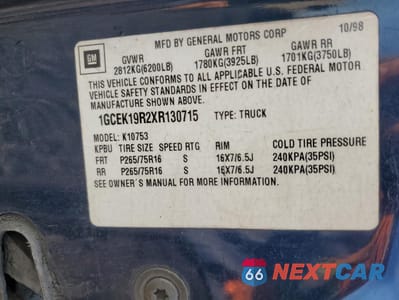 Zdjęcie 13 z 15 samochodu: 1999 CHEVROLET GMT-400 K1500 VIN:1GCEK19R2XR130715 - miniatura