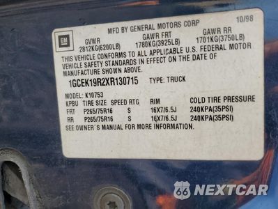 Zdjęcie 13 z 15 samochodu: 1999 CHEVROLET GMT-400 K1500 VIN:1GCEK19R2XR130715 - miniatura