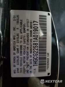 Zdjęcie 12 z 13 samochodu: 2001 HONDA ACCORD EX VIN:1HGCG22581A019017 - miniatura