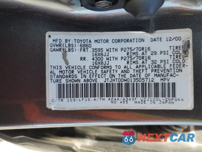 Zdjęcie 13 z 13 samochodu: 2001 LEXUS LX 470 VIN:JTJHT00W013505712 - miniatura