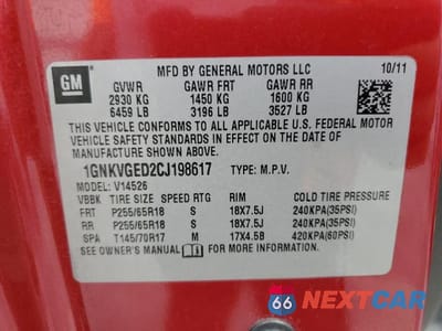 Zdjęcie 13 z 13 samochodu: 2012 CHEVROLET TRAVERSE LT VIN:1GNKVGED2CJ198617 - miniatura