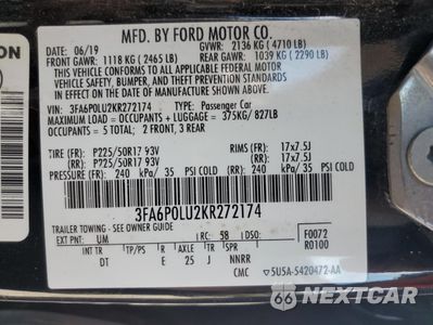 Zdjęcie 12 z 15 samochodu: 2019 FORD FUSION SE VIN:3FA6P0LU2KR272174 - miniatura