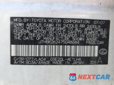 Zdjęcie 12 z 12 samochodu: 2007 LEXUS IS 250 VIN:JTHBK262475048684 - miniatura