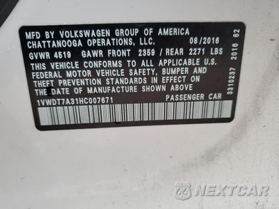 Zdjęcie 12 z 12 samochodu: 2017 VOLKSWAGEN PASSAT R-LINE VIN:1VWDT7A31HC007671 - miniatura