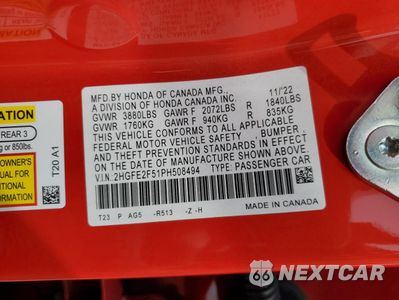 Zdjęcie 12 z 13 samochodu: 2023 HONDA CIVIC SPORT VIN:2HGFE2F51PH508494 - miniatura
