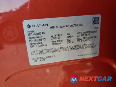 Zdjęcie 12 z 12 samochodu: 2022 RIVIAN R1T LAUNCH EDITION VIN:7FCTGAAL5NN003410 - miniatura