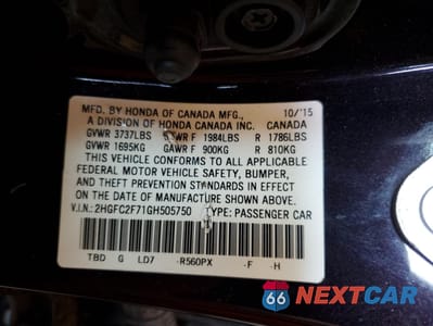 Zdjęcie 12 z 12 samochodu: 2016 HONDA CIVIC EX VIN:2HGFC2F71GH505750 - miniatura
